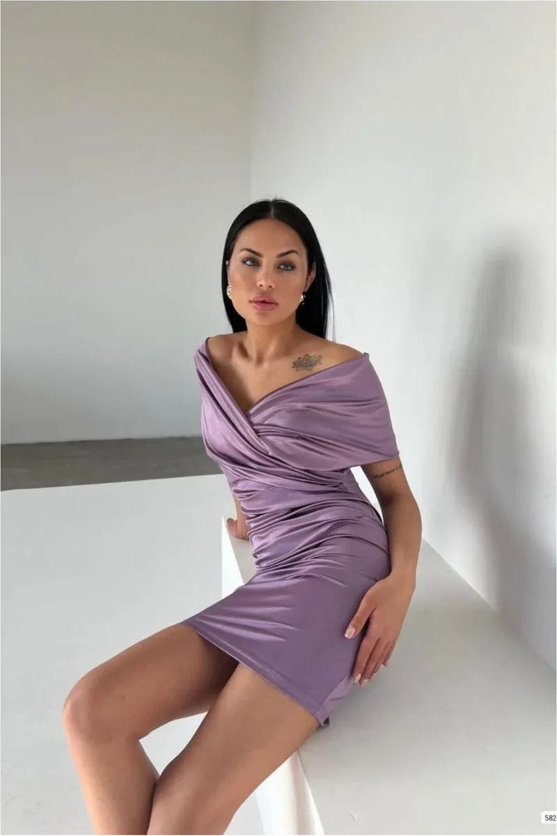 Saten Elbise Madonna Yaka Mini Kumaş görsel 4