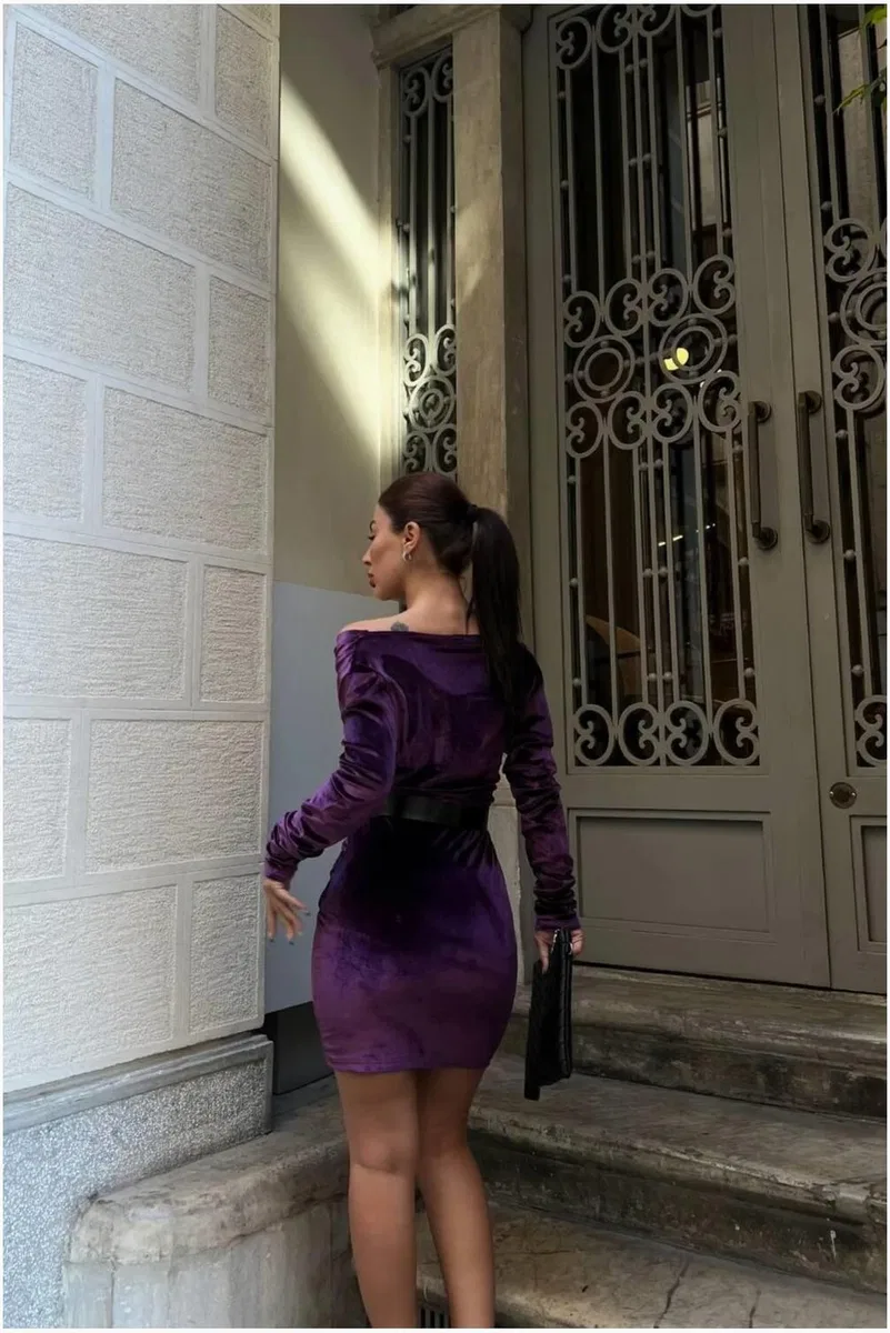 Kadın Zarif Stil Esnek Kadife Kumaş V Yaka Kemerli Abiye Elbise görsel 3