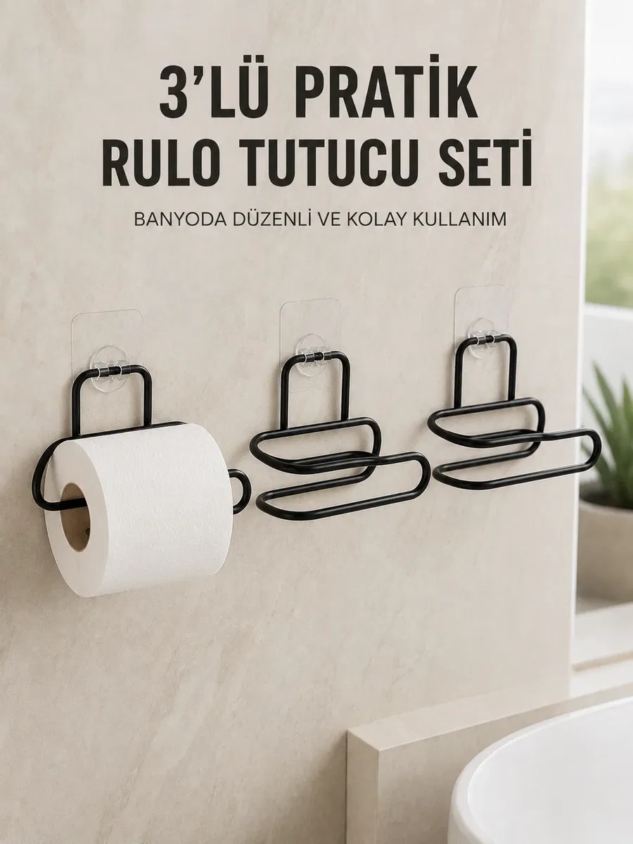 3’lü Yapışkanlı Tuvalet Kağıdı Tutucu Seti Siyah Duvar Tipi Rulo Kağıtlık
