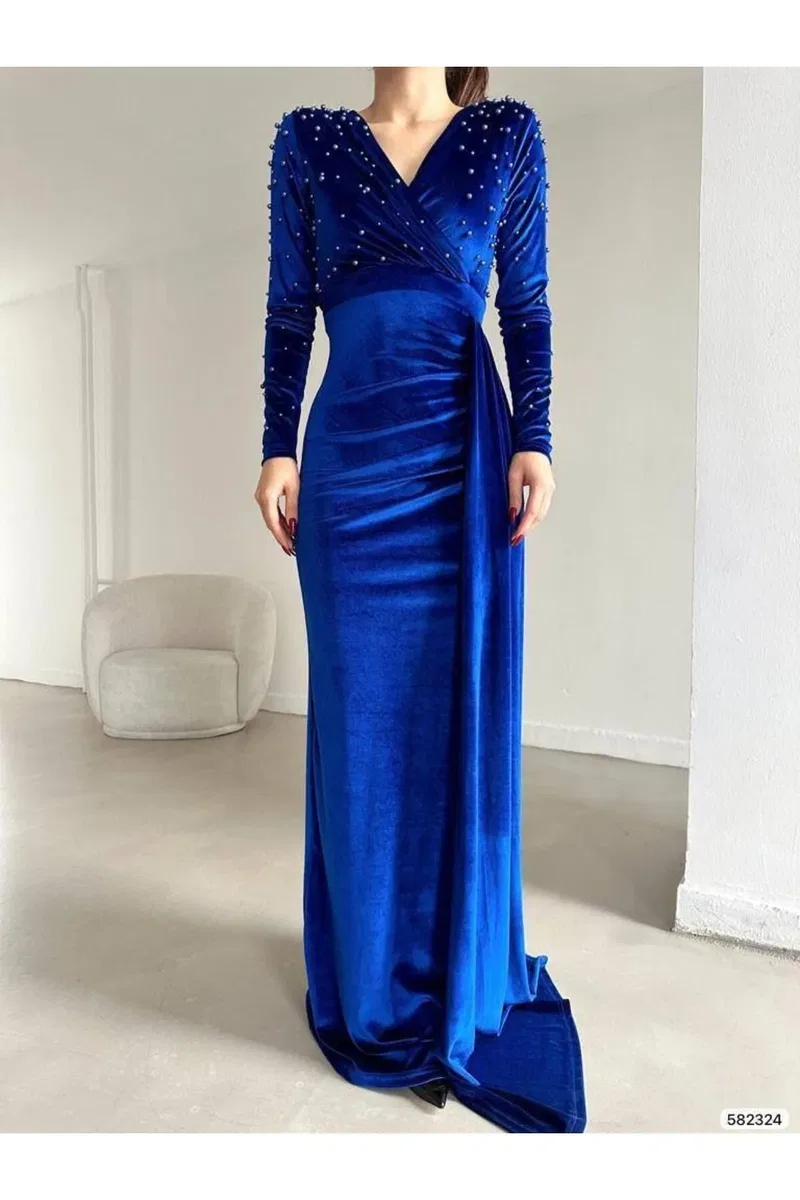 Kadın Şık Model V Yaka Uzun Kol Balık Kesim Abiye Elbise görsel 3