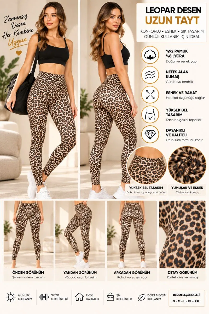 Kadın Leopar Desenli Yüksek Bel Uzun Tayt – %92 Pamuk %8 Lycra, Esnek Kumaş - ryl - 3005 görsel 3