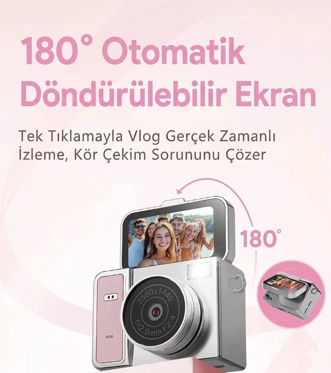 2k Mini Dijital Retro Video Kamera Flaşlı Dijital Vlog Mini Fotoğraf Makinesi Türkçe Menü Pembe görsel 4