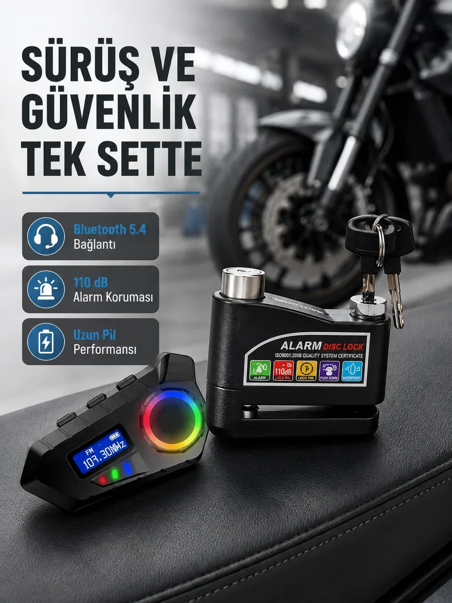 Bluetooth 5. 4 İntercom ve Alarmlı Disk Kilidi Seti Güçlü Ses ve Güvenlik