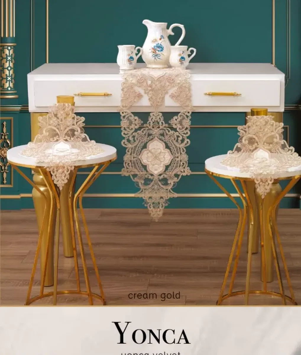 Salon Takımı 3 Parça Velvet Kadife Dantelli Masa Örtüsü Runner Seti Yonca Model - Krem-Kapiçino görsel 2