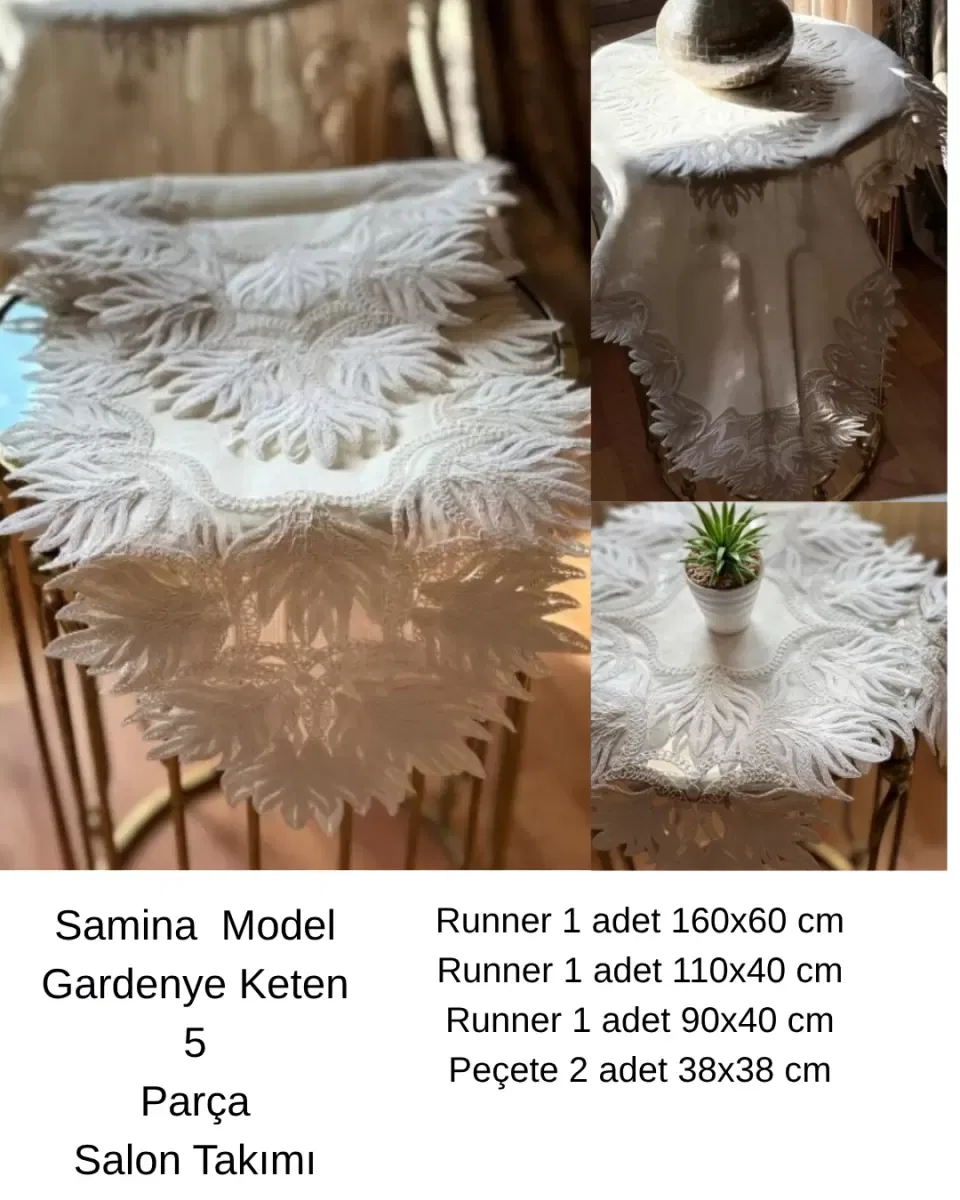 Samina Model Krem Çeyizlik 5 Parça Dantelli Keten Masa Örtüsü Runner Seti görsel 6