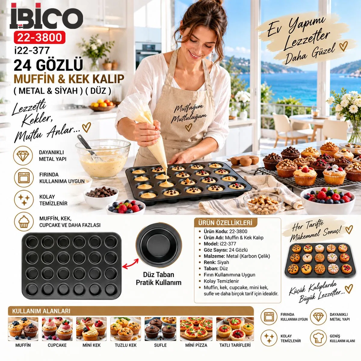 Muffin Kek Kalıbı 24 Bölmeli Siyah Metal görsel 5