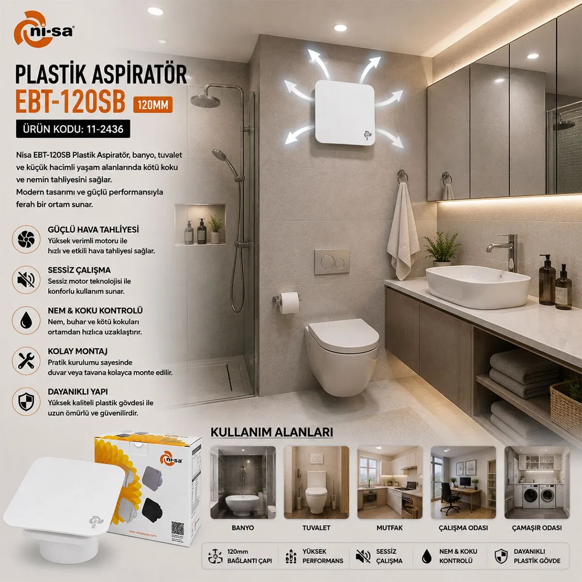 120 mm Plastik Banyo Tuvalet Aspiratörü 16W 80m³/h görsel 3