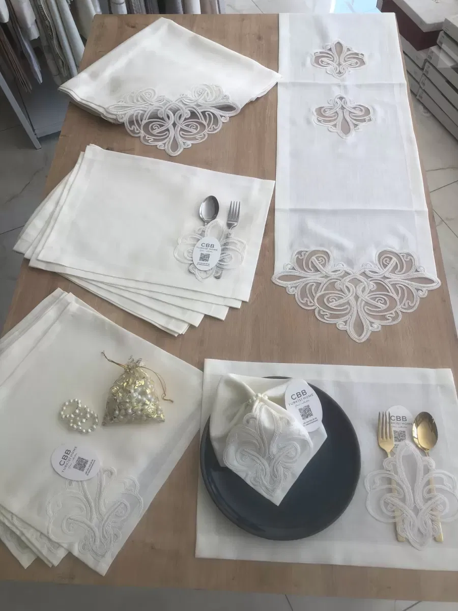 Sofra Takımı Taç Gardenya Keten Yemek Takımı 160x260 Masa Seti 26 Parça Runner Set Krem görsel 4