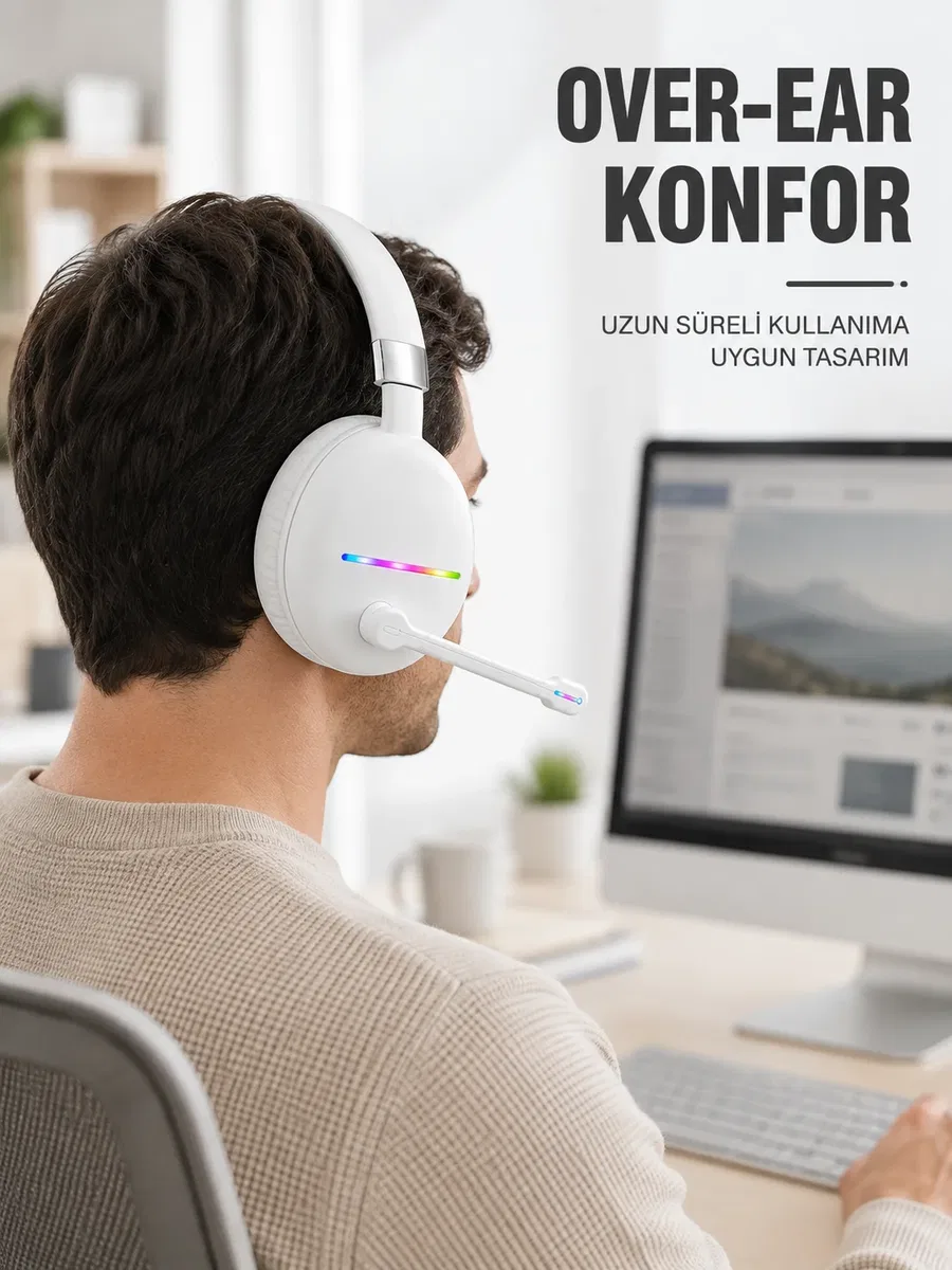 Beyaz Bluetooth 5. 0 Mikrofonlu Kablosuz Kulak Üstü Kulaklık RGB Işıklı Type-C Şarjlı