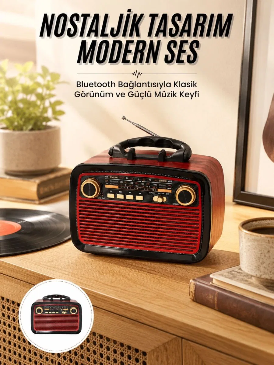 Nostalji Radyo Bluetooth Hoparlör Usb-sd Kart Giriş Led Fener Işıklı Bataryalı Pilli Yeni Nesil
