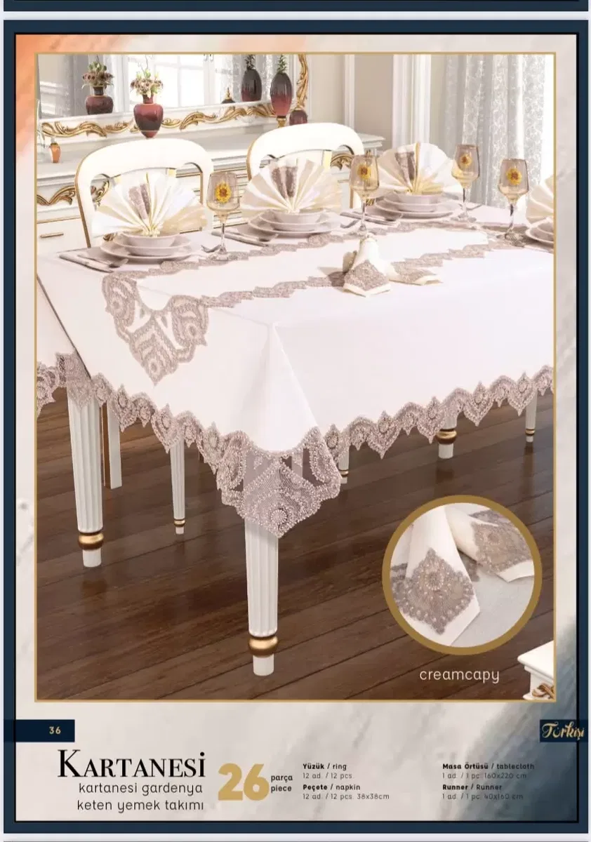 Kartanesi Gardenya Keten Krem-Kapiçino 12 Kişilik 26 Parça Çeyizlik Şık 160x220 cm Masa Örtüsü görsel 5