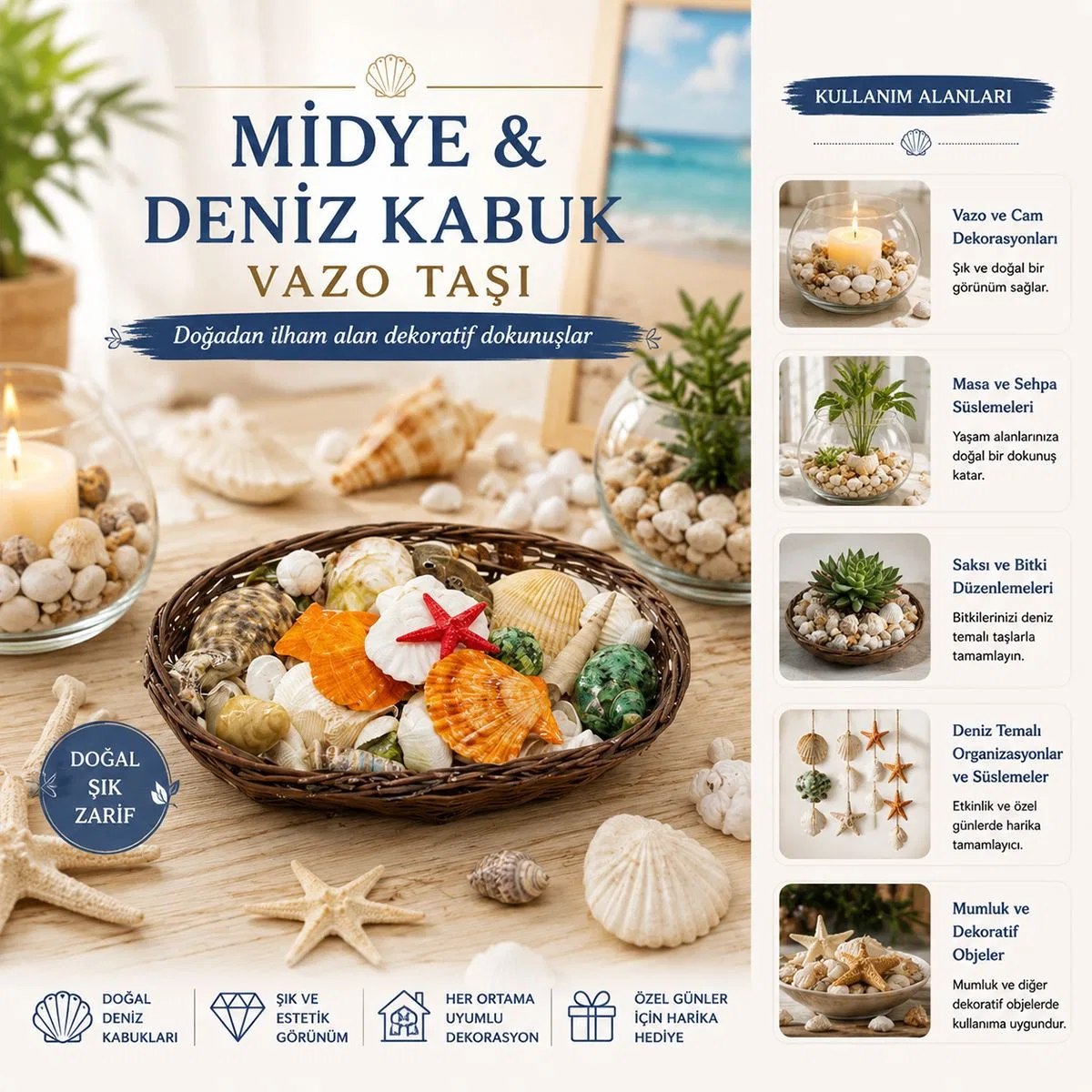 Oval Ahşap Sepet Deniz Kabuklu Vazo Taşı - Renkli Mix görsel 2