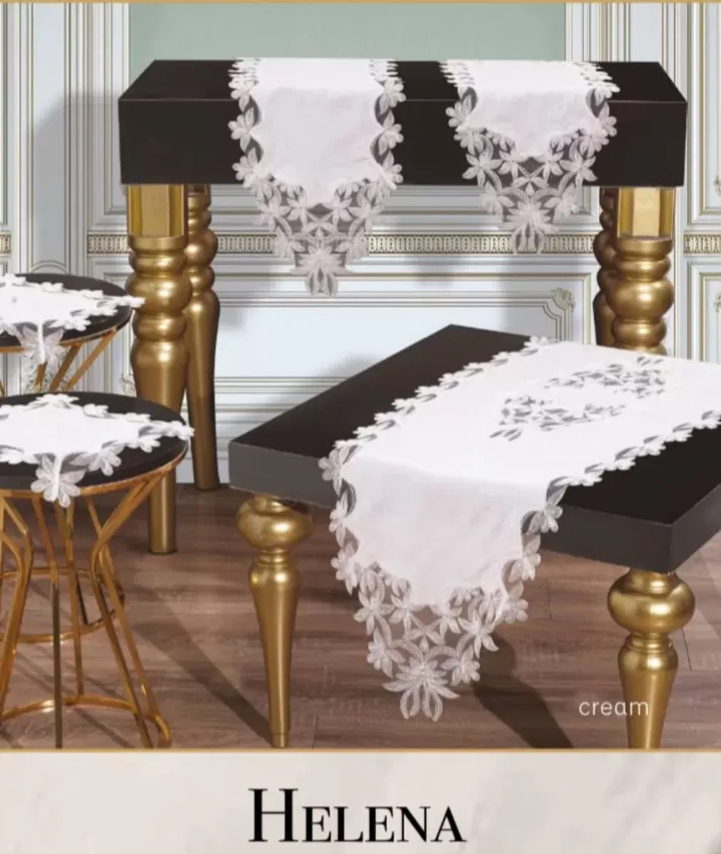 Salon Takımı 5 Parça Keten Dantelli Masa Örtüsü Runner Seti Çeyizlik Helena Model Krem görsel 3
