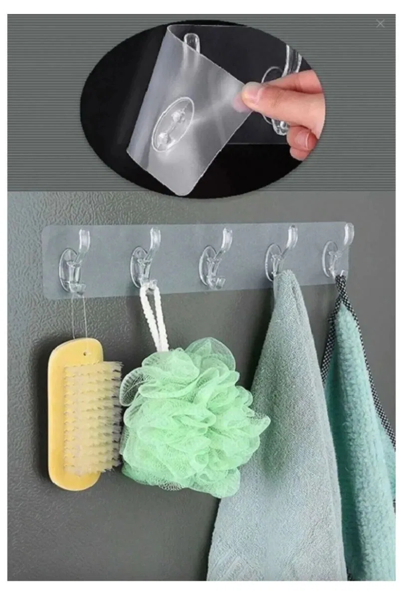 5'li Kendinden Yapışkanlı Güçlü Şeffaf Askılık - Kapı Arkası Mutfak Duvar Banyo Askı görsel 3