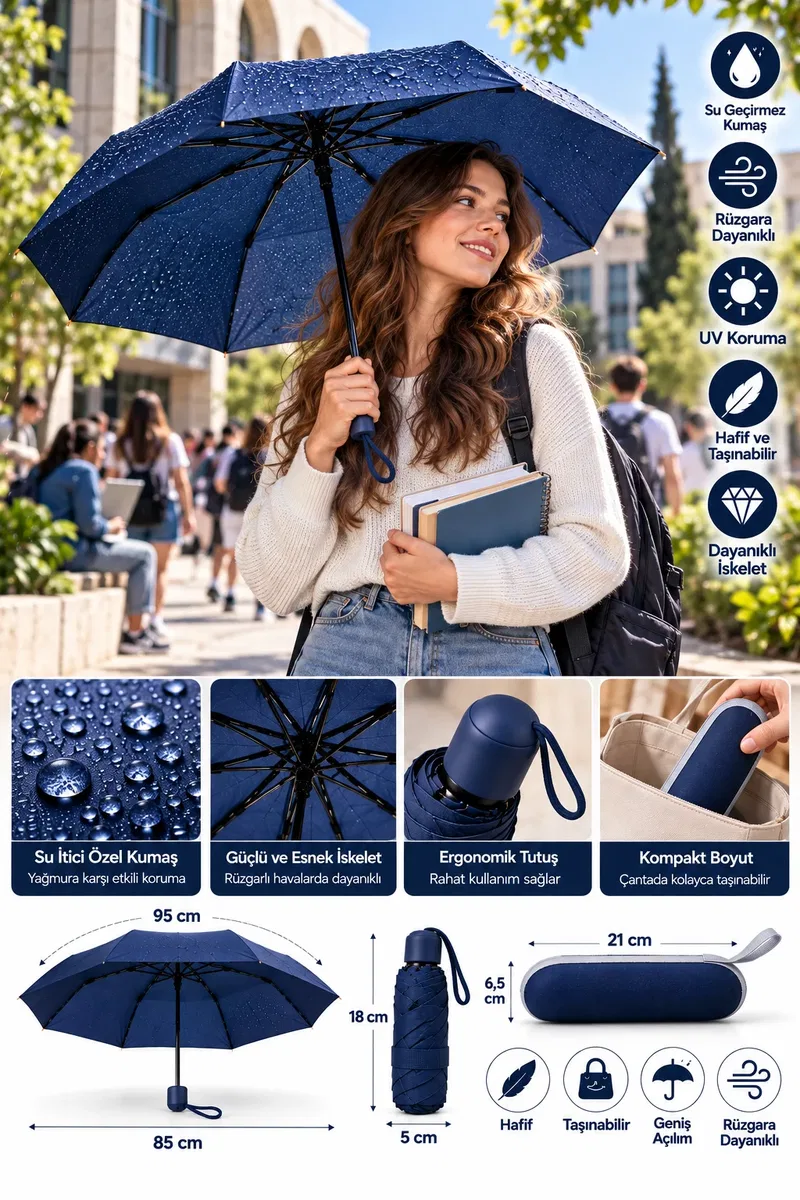 Çantada Kolay Taşınan Lacivert Kapsül Şemsiye Hafif Ergonomik Kullanım