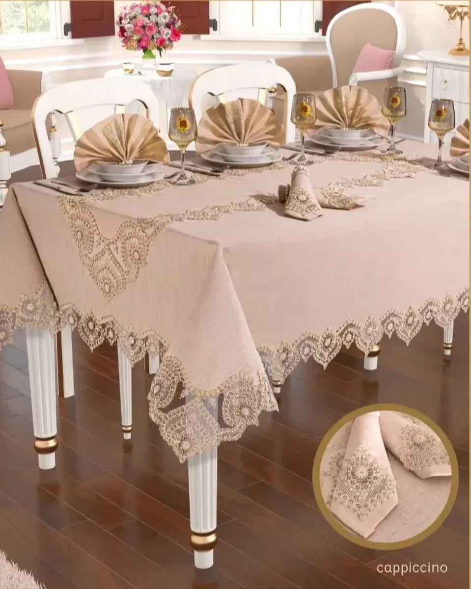 Kartanesi Gardenya Keten Yemek Takımı Masa Seti 12 Kişilik 26 Parça 160 × 220 cm Runner Set Kapiçino görsel 4