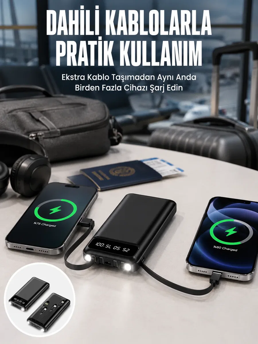 20. 000 Mah Led Işıklı LCD Ekran USB Girişli Type-C Lightning Powerbank Yeni Nesil