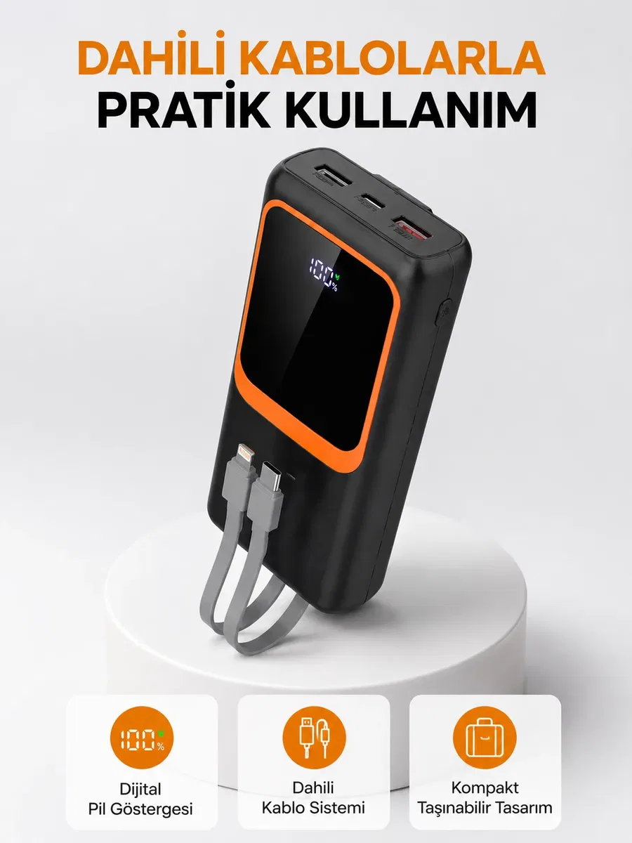 Powerbank 20000 mAh Dijital Ekranlı ve Çok Kablolu Hızlı Şarj Cihazı