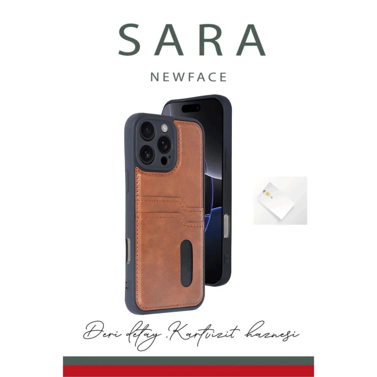 Apple İphone 16 Pro Kılıf Sara Kartvizitli Deri Kılıf - Kırmızı görsel 3