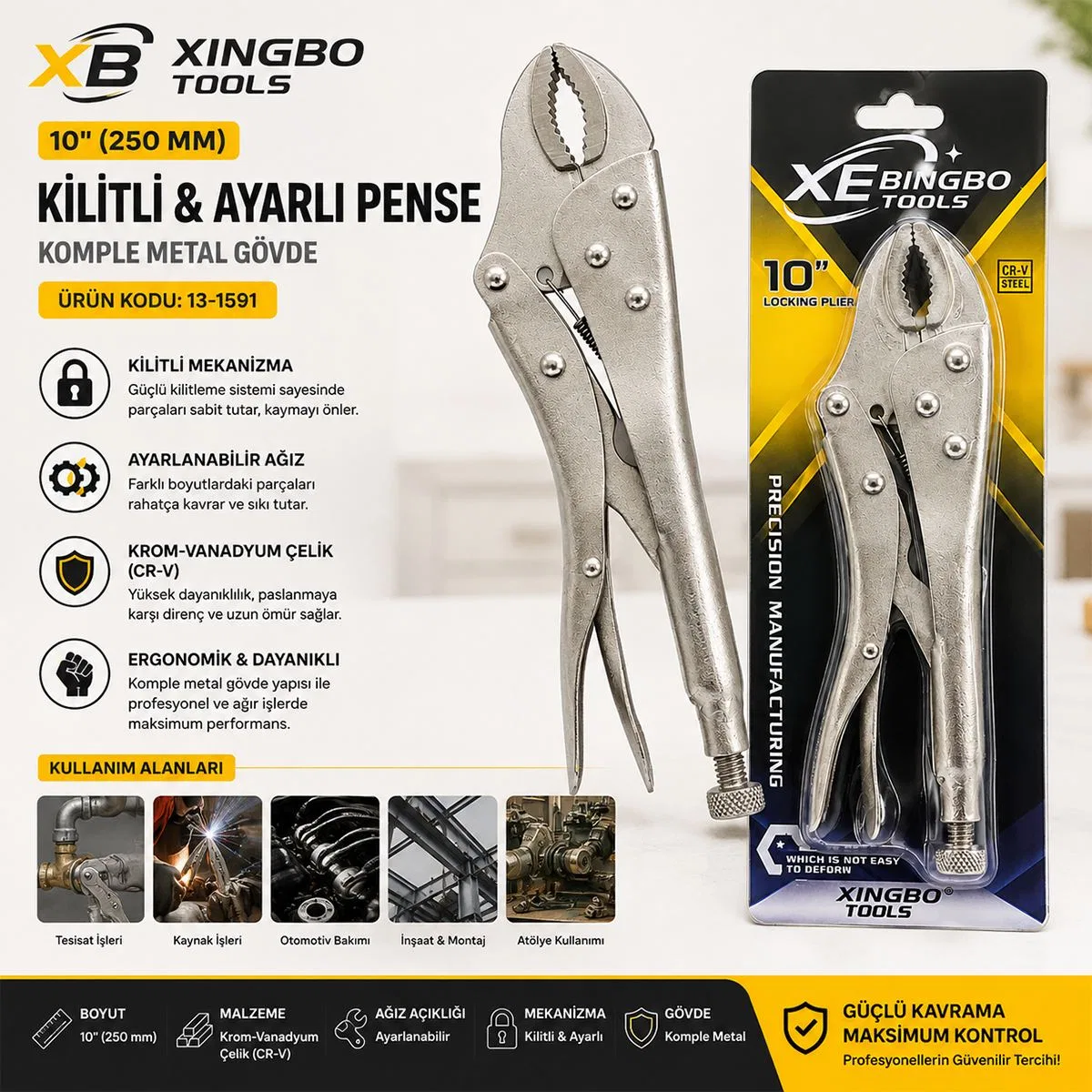 250 mm Kilitli Ayarlı Pense (Krom, Komple Metal) görsel 3