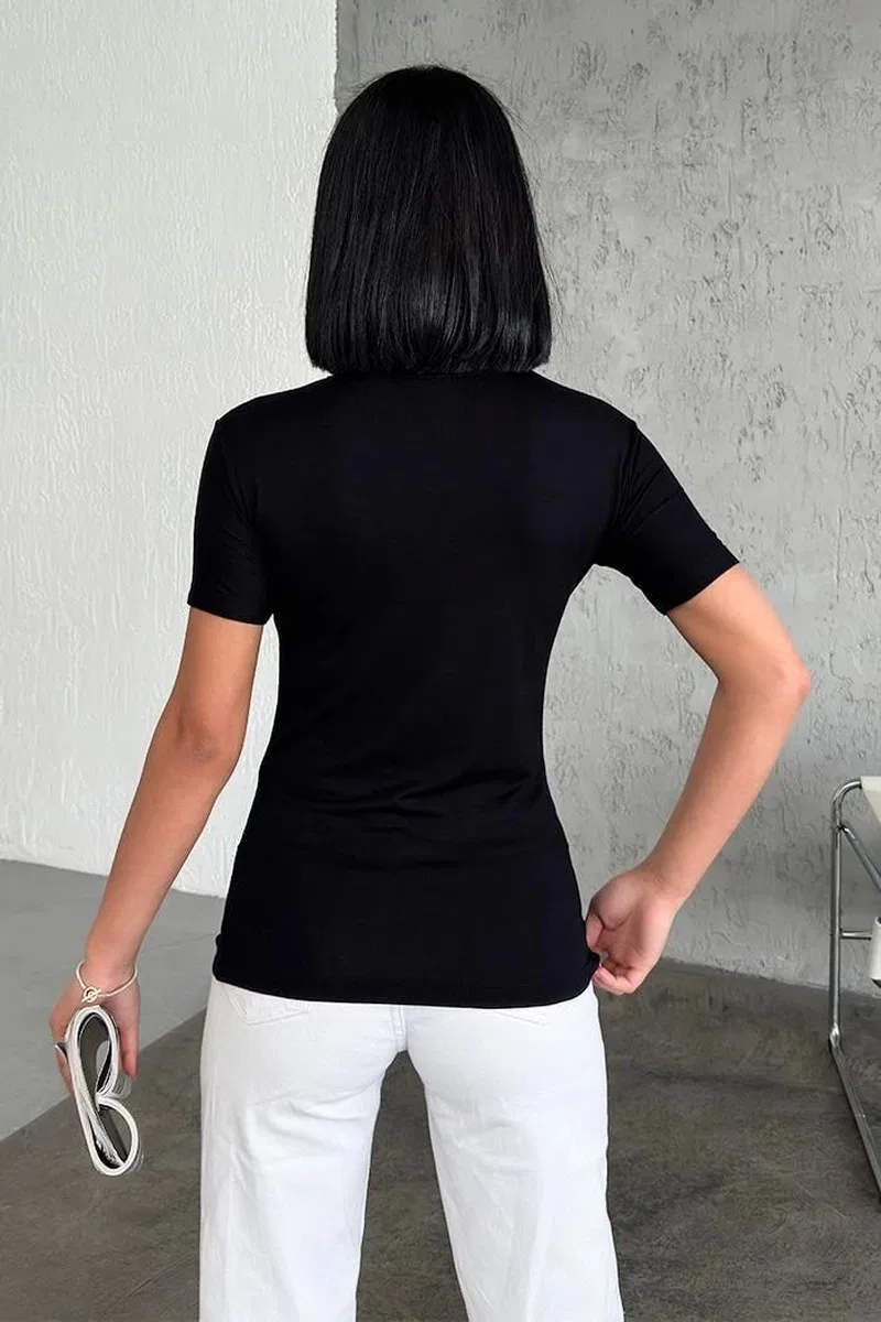 Rahat Ve Şık Kısa Kollu Bisiklet Yaka Likralı Viskon Penye Body Siyah görsel 3