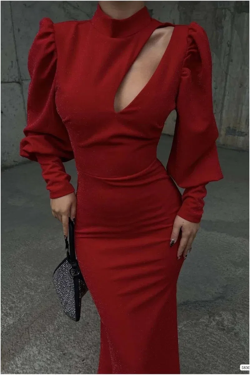 Kadın Trend Model Simli Kumaş Degaje Yaka Dekolteli Maxi Abiye Elbise görsel 2