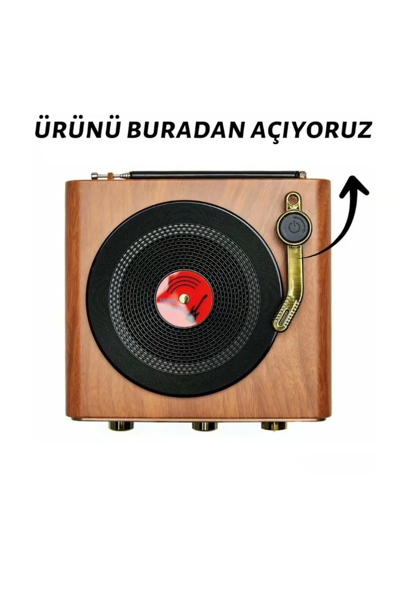 Nostaljik Tasarım Plak Çalar Görünümlü Radyolu Bluetooth Hoparlör Retro Müzik Plak Açık Kahverengi görsel 3