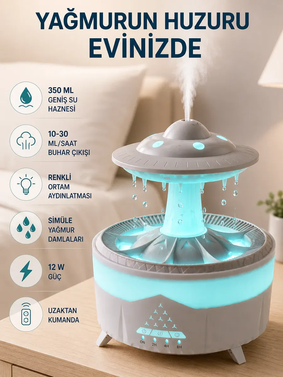Dekoratif UFO Hava Nemlendirici Simüle Yağmur Damlalı Renkli Gece Işıklı 350 ML görsel 2