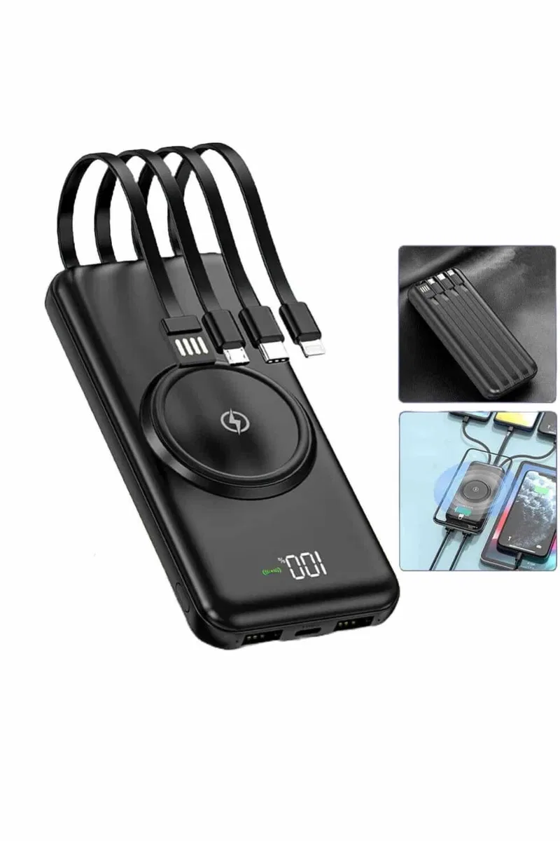 Wireless Powerbank 10000 Mah LED Ekranlı Dahili Kablolu Hızlı Şarj görsel 4