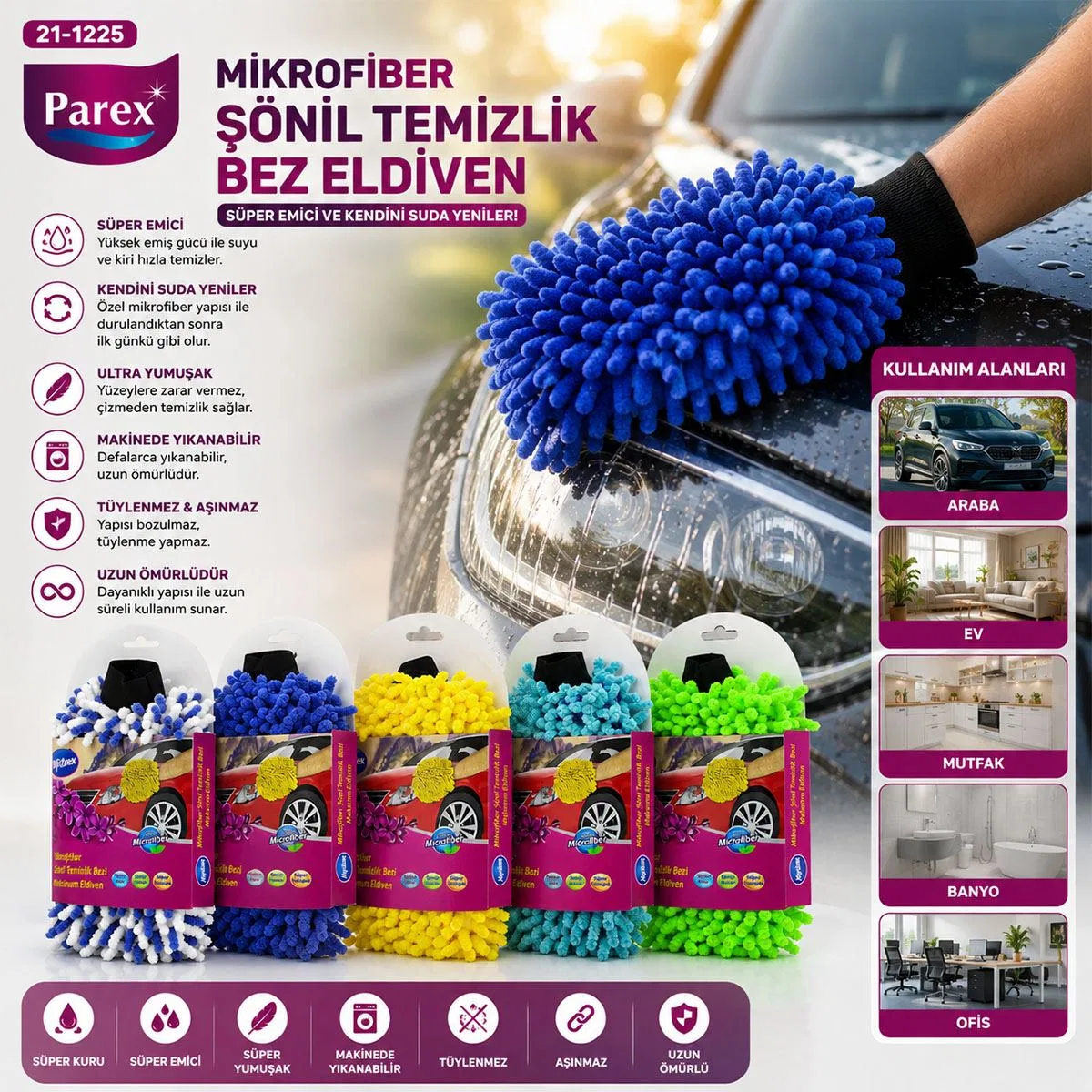 Mikrofiber Şönil Temizlik Bezi ve Oto Yıkama Eldiveni görsel 2