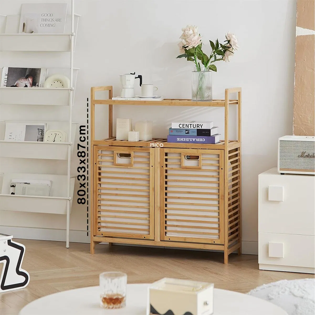 Bambu Kirli Çamaşır Sepeti 2 Bölmeli 2 Kat Organizer 80x33x87 cm görsel 2