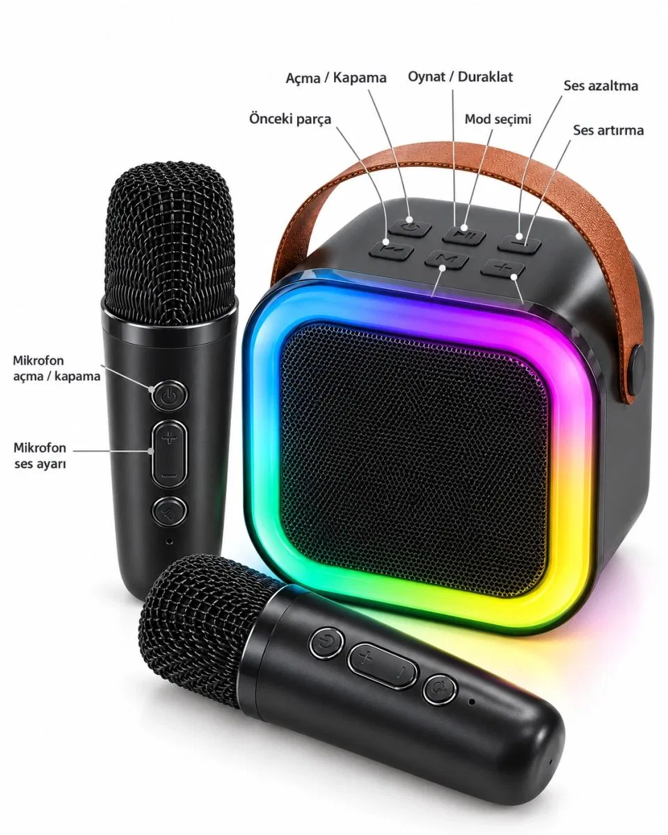 Evde Karaoke İçin Çift Mikrofonlu Şarj Edilebilir Kablosuz Hoparlör görsel 4