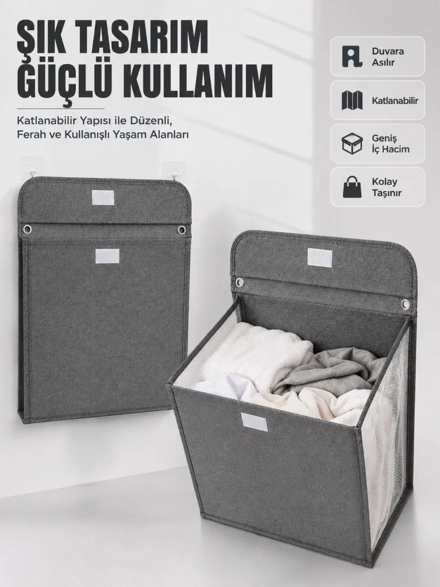 Duvara Asılabilir Katlanabilir Kirli Çamaşır Sepeti Geniş Hacimli Düzenleyici
