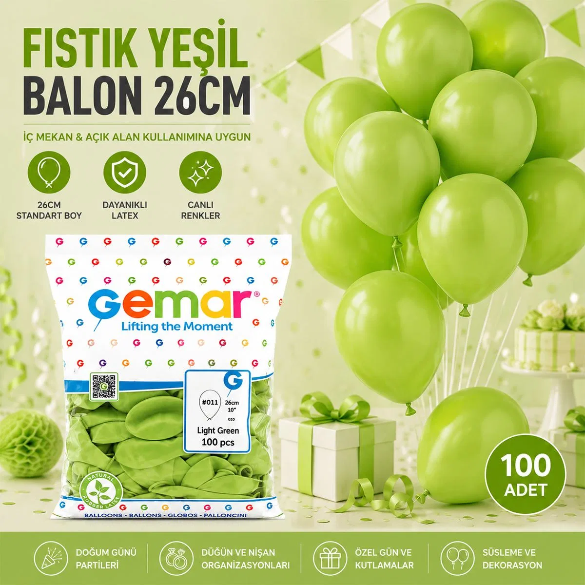 Fıstık Yeşili 26 cm Parti Balonları - 100'lü görsel 2
