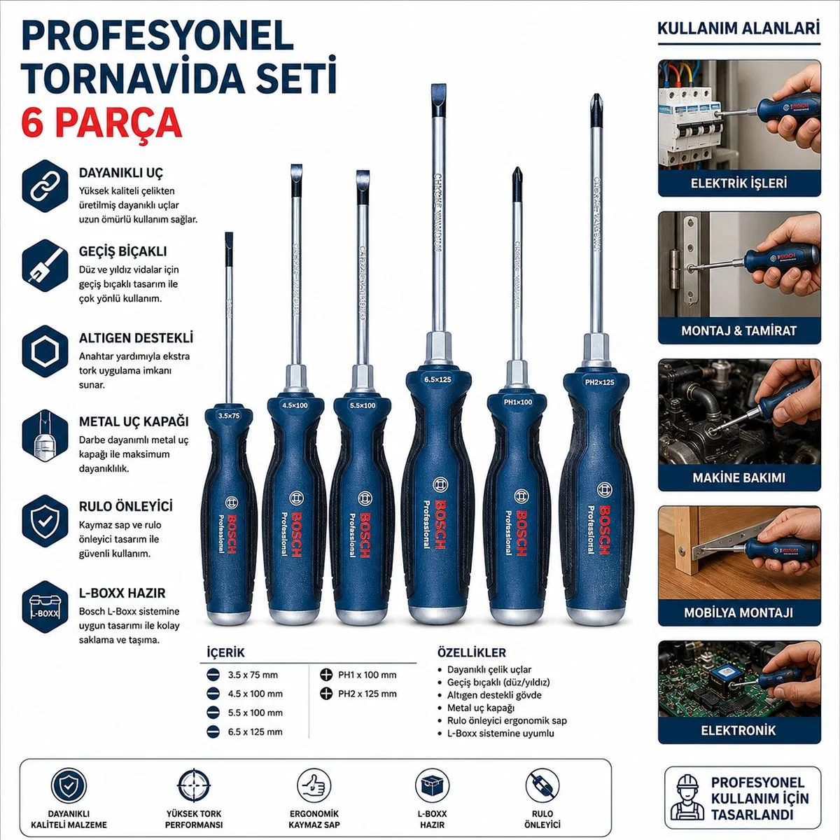 6 Parça Profesyonel Tornavida Seti (PH2 / PH1 / 3. 5 / 4. 5 / 5. 5 / 6. 5) görsel 2
