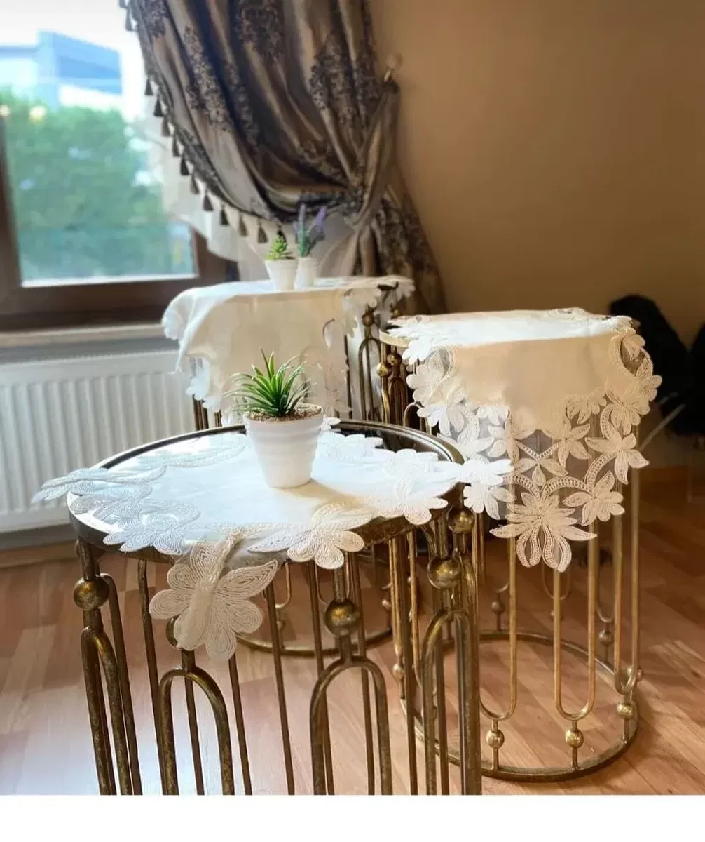 Salon Takımı Çeyizlik Helena Model Krem 5 Parça Keten Dantelli Runner Seti görsel 4