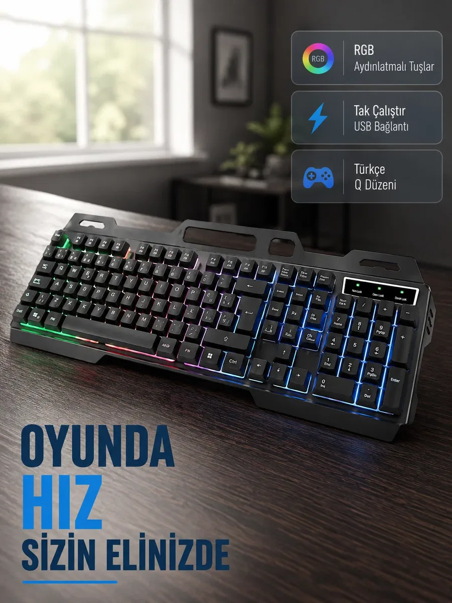 Profesyonel Oyuncu Klavye Mouse Seti – RGB Işıklı, Türkçe Q, DPI Ayarlı, Dayanıklı Gövde