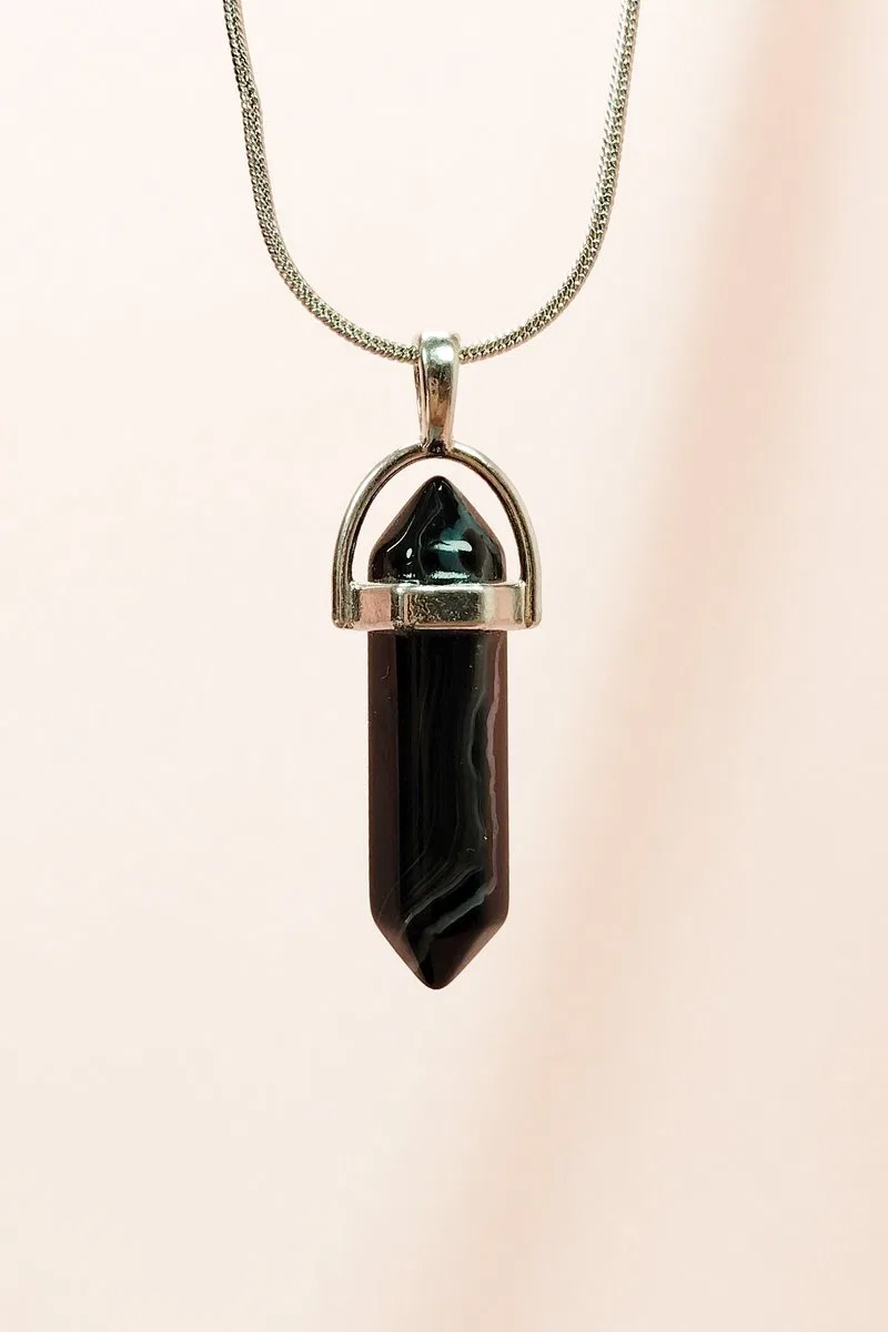 Obsidyen Doğal Taşı Zincirli El Yapımı Tasarımlı Kolye Uç: 3, 5 cm Zincir: 20 cm Kutulu