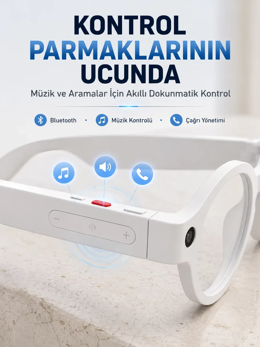 Beyaz Yapay Zeka Akıllı Gözlük Fotoğraf Video Ses Kayıtlı Çoklu Dil Çeviri Bluetooth Bağlantılı 3 Lensli