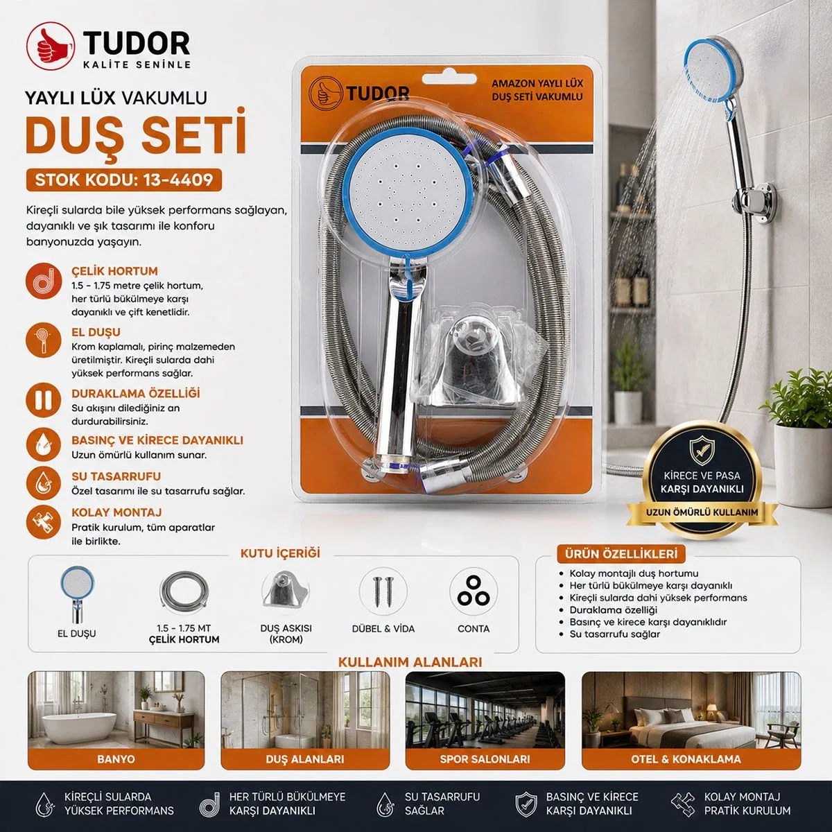Krom Vakumlu Lüks Duş Seti - 150 cm Metal Yaylı Hortum görsel 4