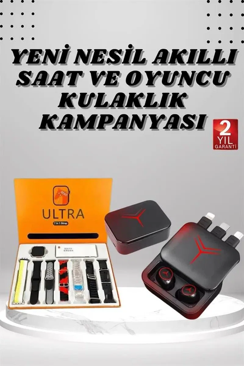 Dijital Göstergeli Powerbank Kablosuz Kulaklık ve 7 Kordonlu Yeni Nesil Akıllı Saat Dokunmatik Kontrol görsel 2