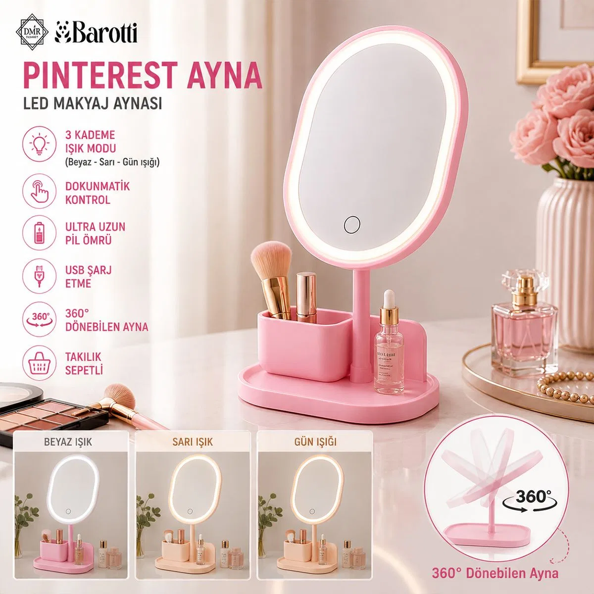 Oval USB Şarjlı Dokunmatik 3 Kademeli LED Makyaj Aynası (18, 5/15, 5 cm, 360°) görsel 3