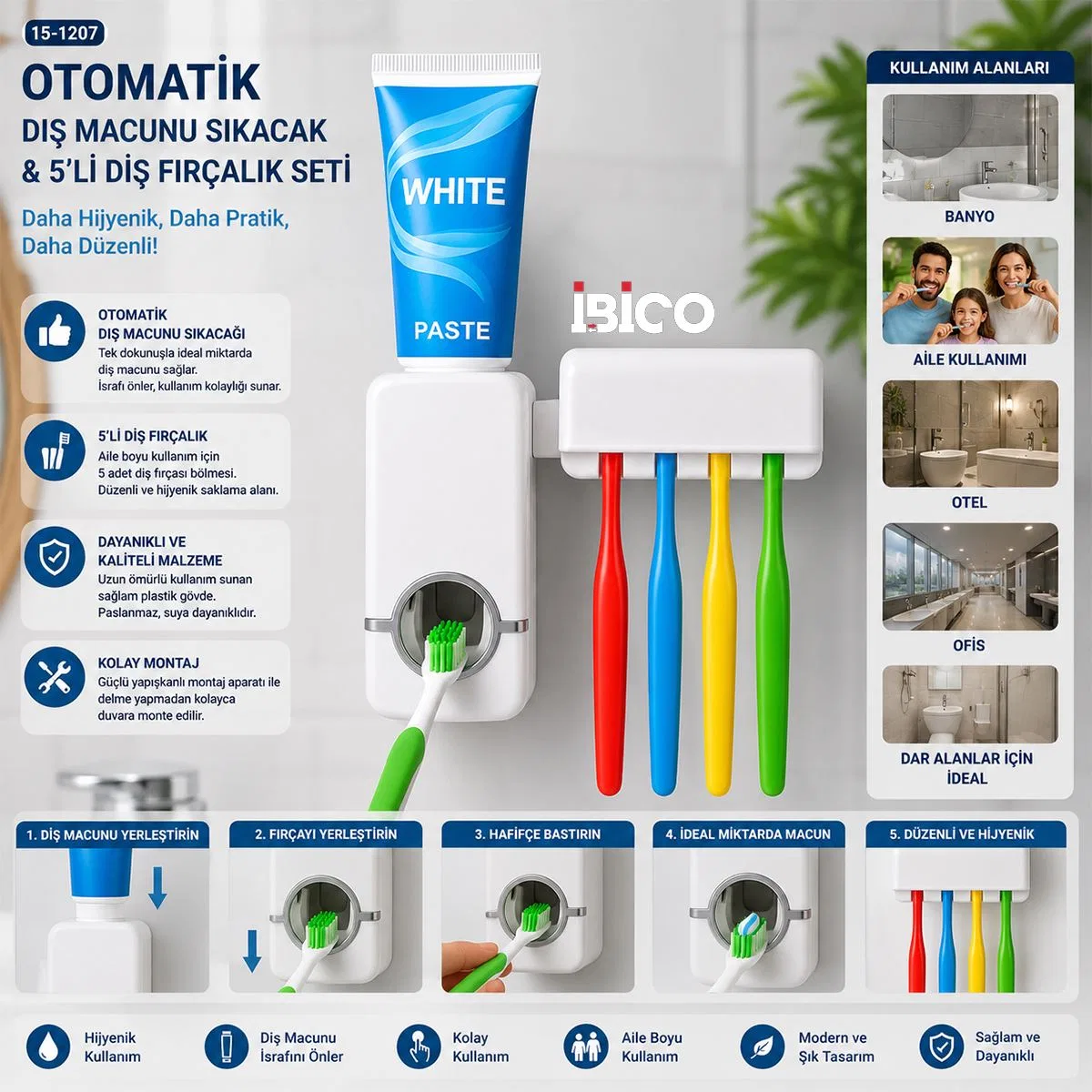 Otomatik Diş Macunu Dispenseri ve 5'li Diş Fırçalık Seti görsel 3