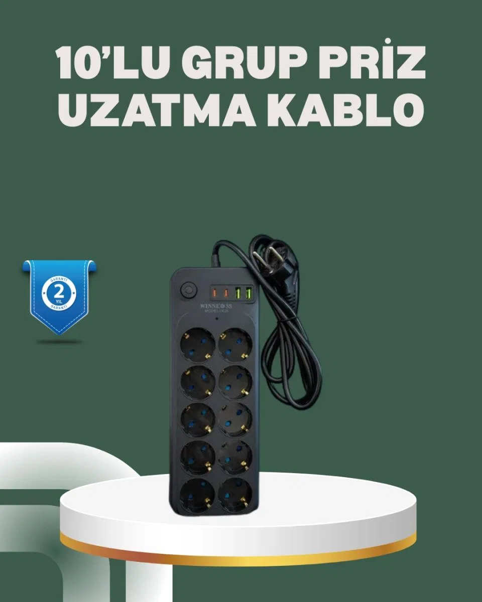 Termal Koruma Sistemli Usb Type-c 10’lu Grup Priz 2m 2500w Güç Kapasiteli