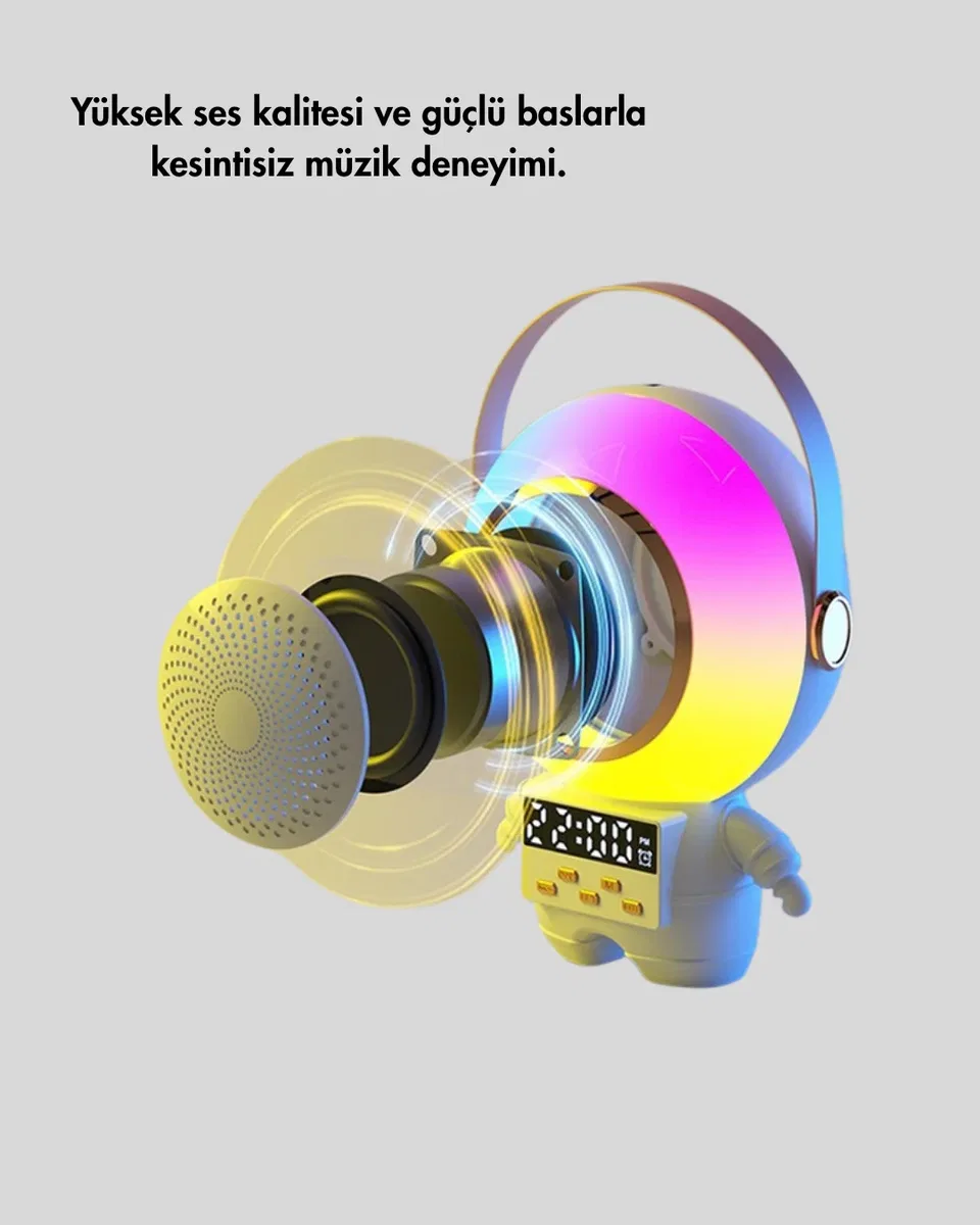 RGB Işıklı Astronot Bluetooth Hoparlör Karaoke Mikrofonlu görsel 5