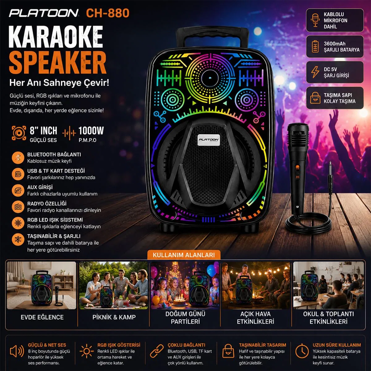 Karaoke Bluetooth hoparlör mikrofonlu 8 inç RGB görsel 3
