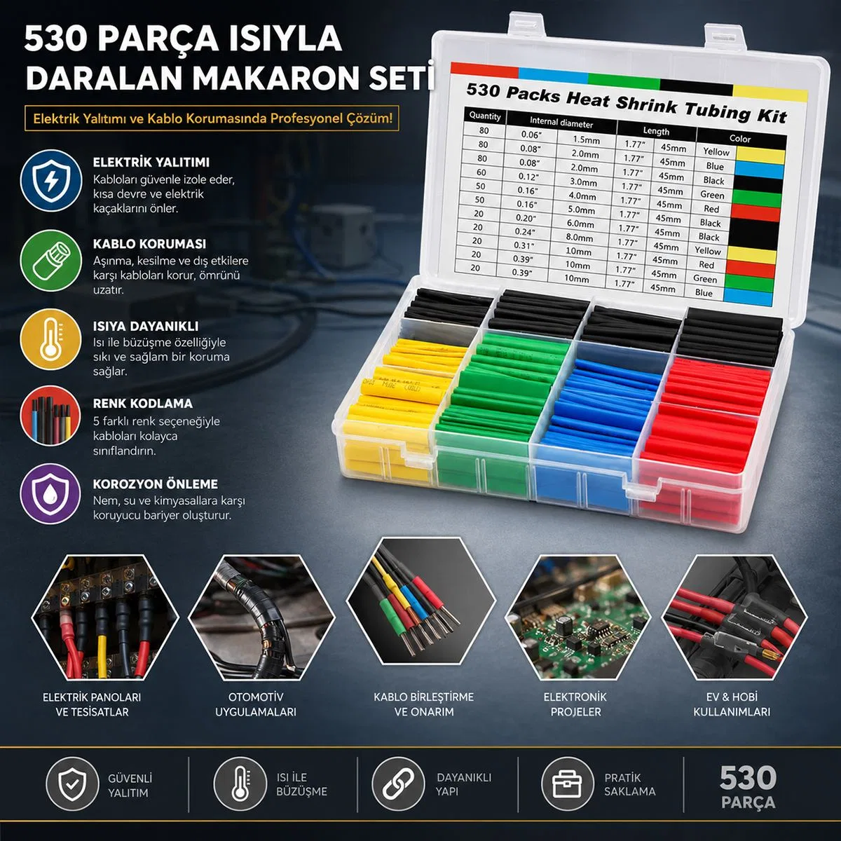 Makaron Kablo Tamir Seti 530 Parça Isıyla Daralan görsel 3