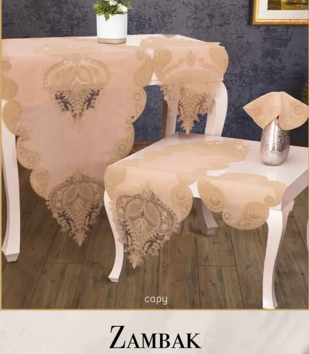 Salon Takımı 5 Parça Dantelli Keten Masa Örtüsü Runner Seti Çeyizlik Zambak Model Kapiçino görsel 4