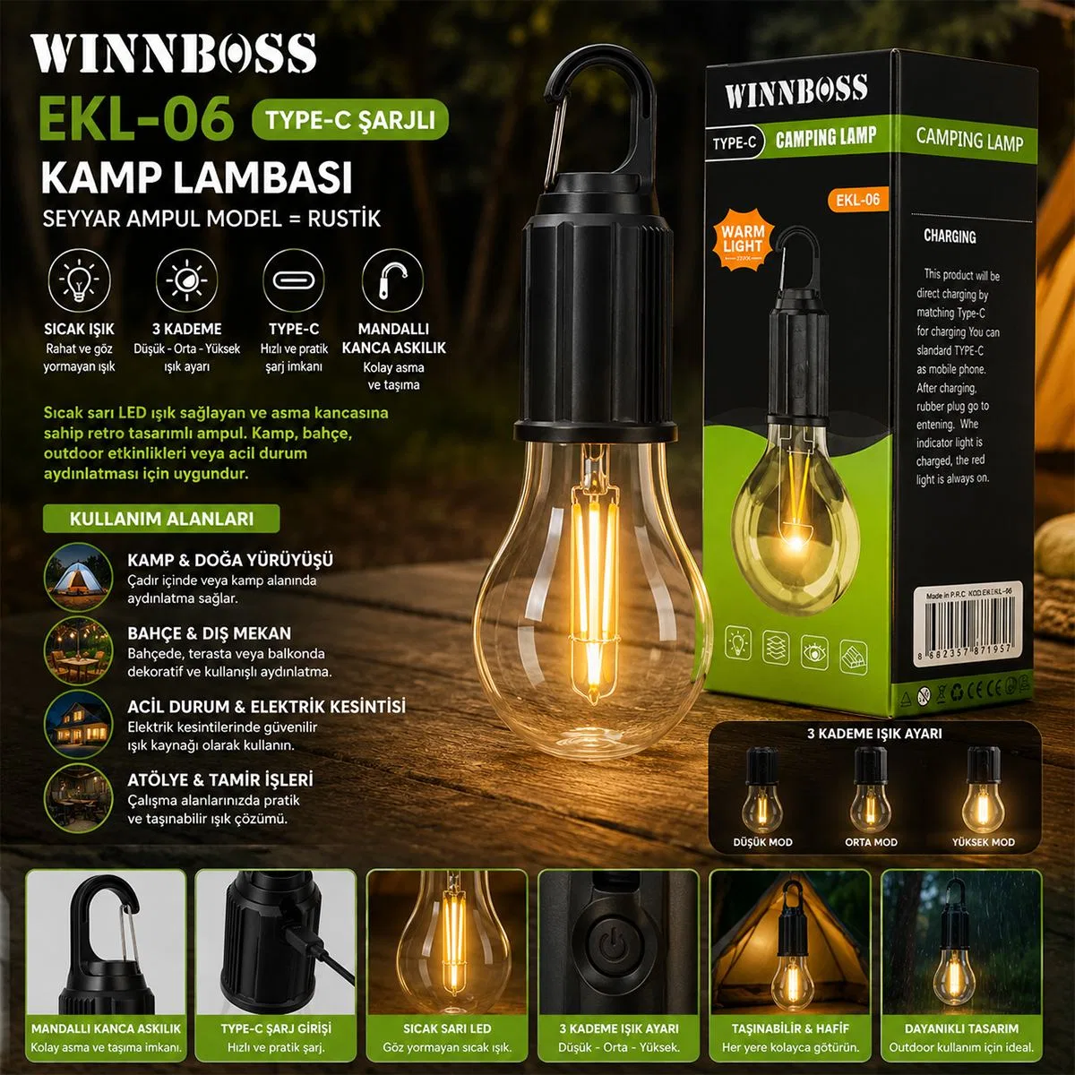 USB Şarjlı Rustik Kamp Lambası - 3 Kademe, Mandallı Askılı görsel 3