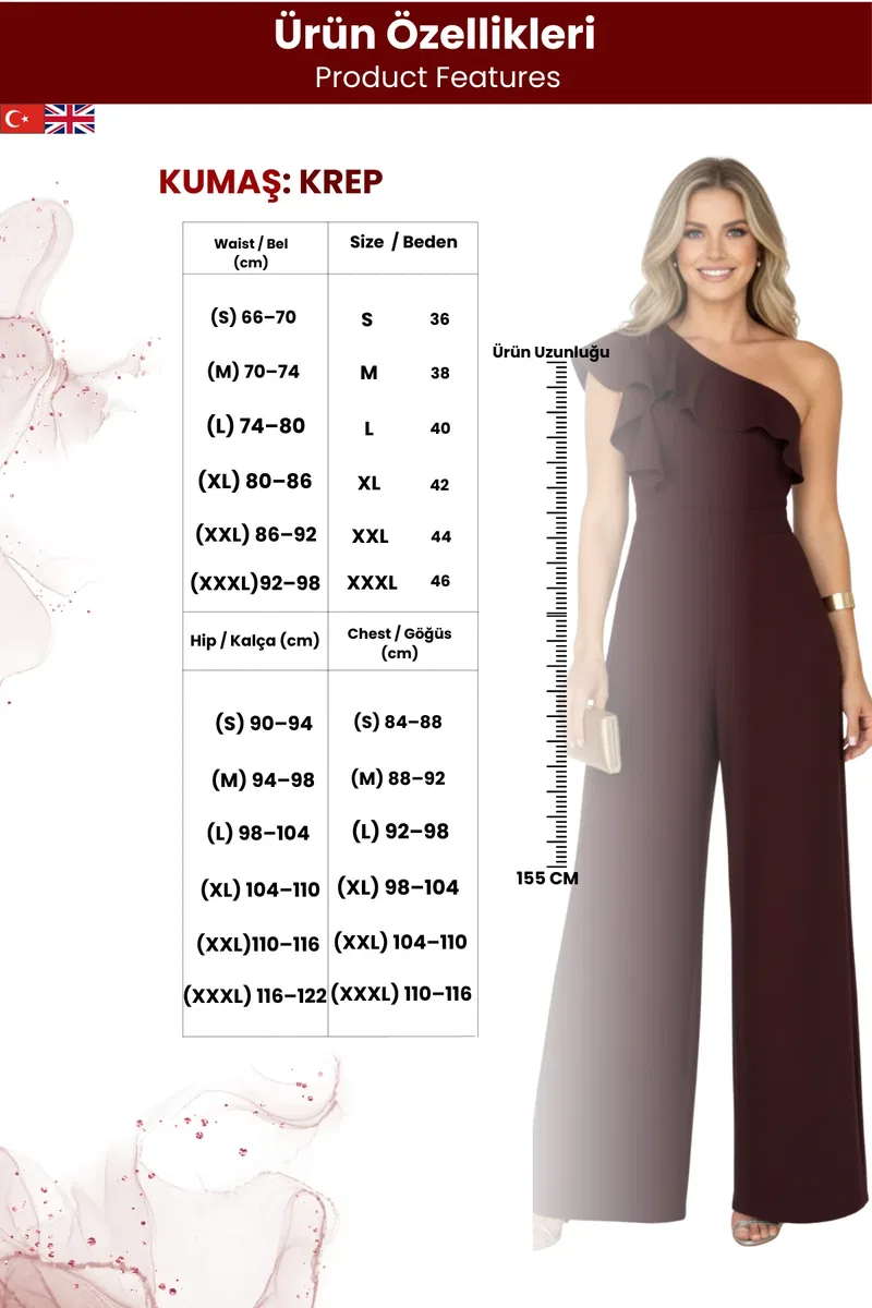 Kadın Trend Model Tek Omuz Detay Fırfırlı Krep Kumaş Tulum görsel 6